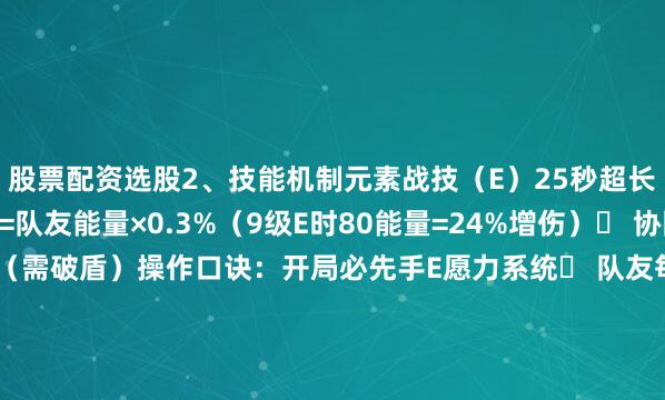 股票配资选股2、技能机制元素战技（E）25秒超长领域：▸ 大招增伤=队友能量×0.3%（9级E时80能量=24%增伤）▸ 协同攻击每0.9秒触发（需破盾）操作口诀：开局必先手E愿力系统▸ 队友每消耗1能量=0.2愿力（雷电国家队保底44层）展开剩余67%▸ 60层上限提升Q技能倍率元素爆发（Q）7秒「梦想一心」：▸ 普攻/重击转雷伤（按Q技能倍率计算）▸ 全队充能：命中5次恢复15能量输出逻辑：先